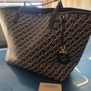 Ralph Lauren Black Monogram Canvas Tote with Gold Hardware